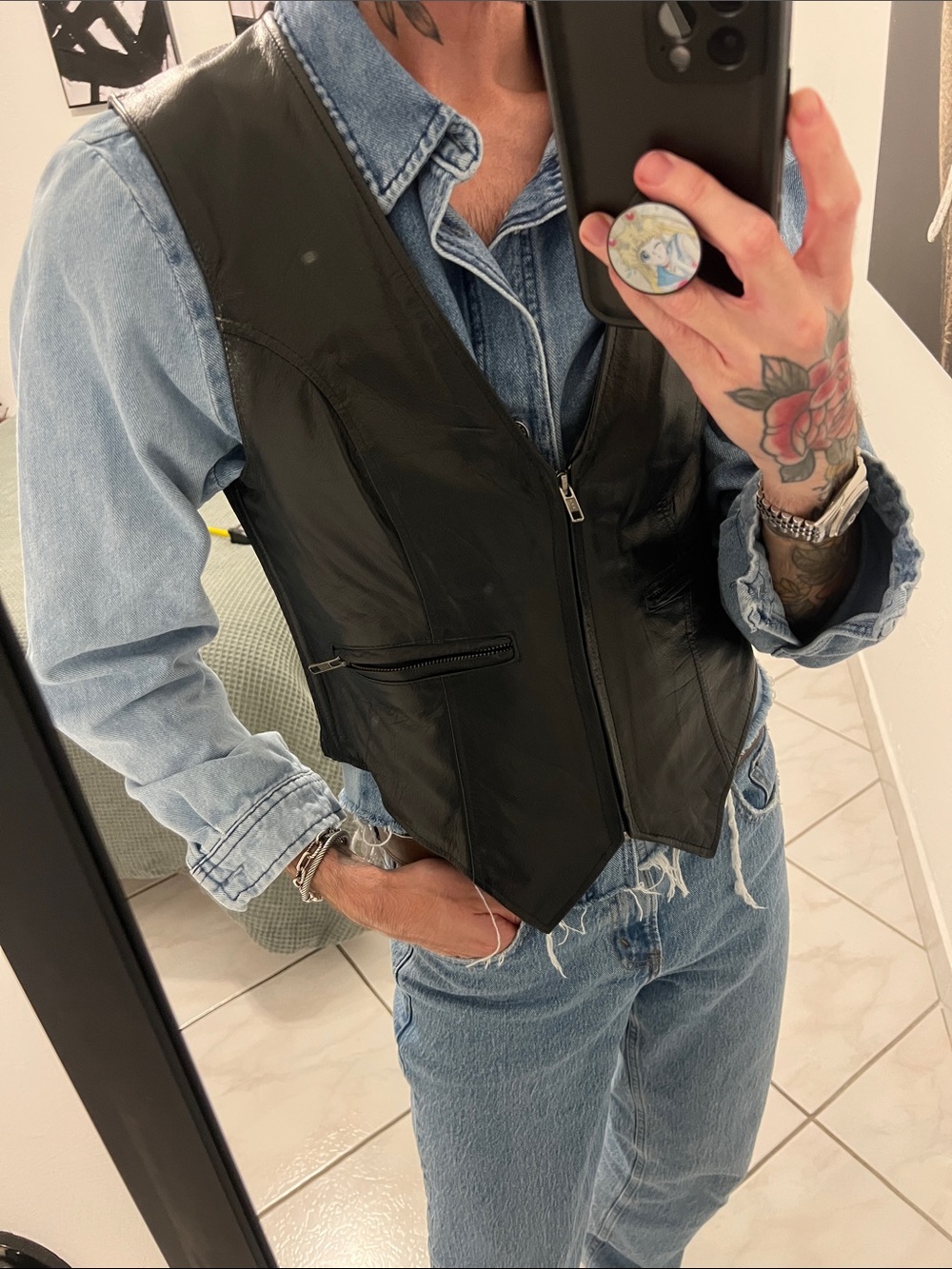 Black Leather Zip Front Vest